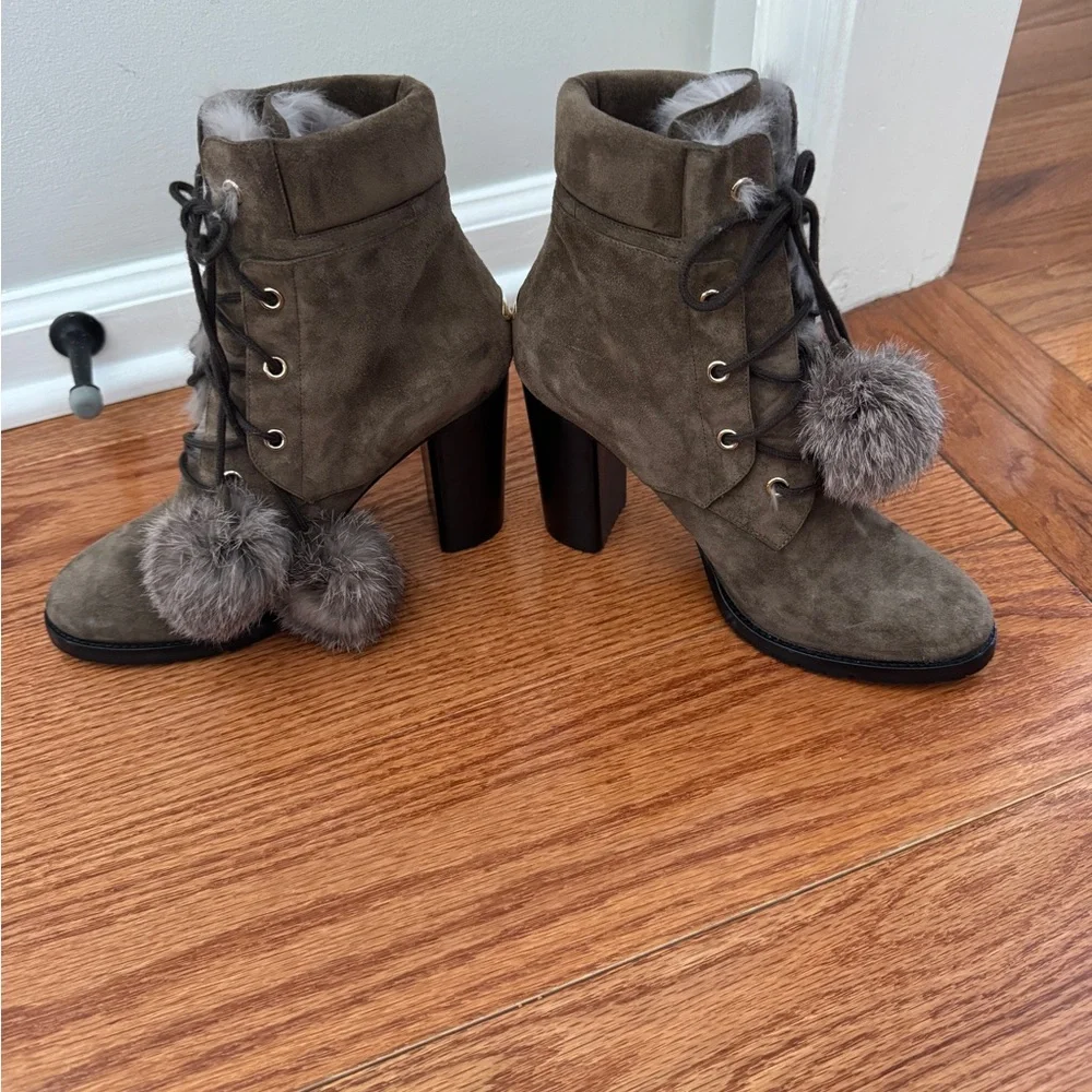 Jimmy Choo Suede Rabbit Fur Elba Heeled Boots. Size 39.